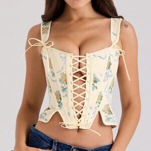 HOUSE OF CB Callie lemon rose print reversible cotton corset top (S) NWOT